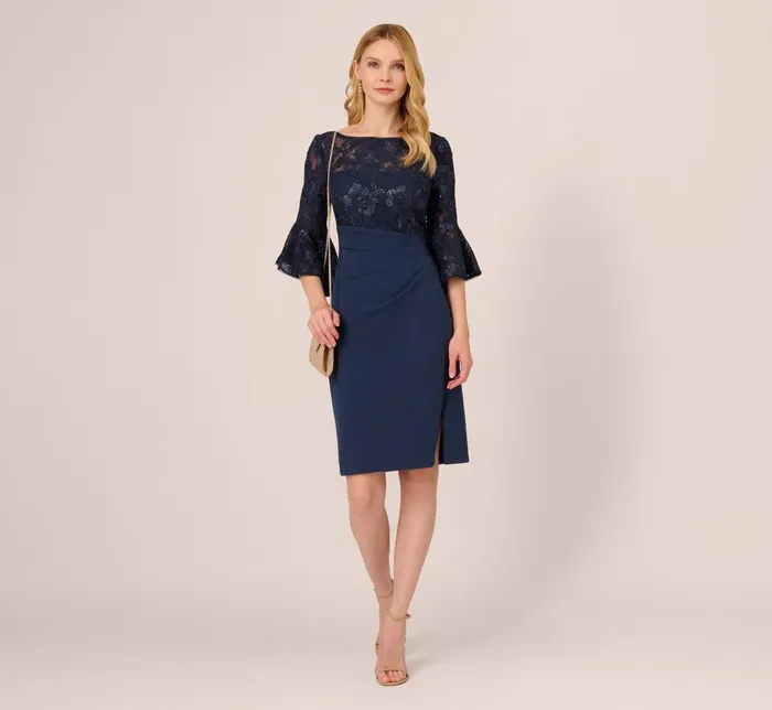 Adrianna Papell Day Dresses Sequin Floral Lace Dress With Sheer Bell Sleeves In Navy 8211 Women