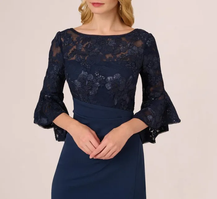 Adrianna Papell Day Dresses Sequin Floral Lace Dress With Sheer Bell Sleeves In Navy 8211 Women