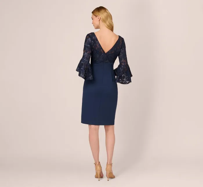Adrianna Papell Day Dresses Sequin Floral Lace Dress With Sheer Bell Sleeves In Navy 8211 Women