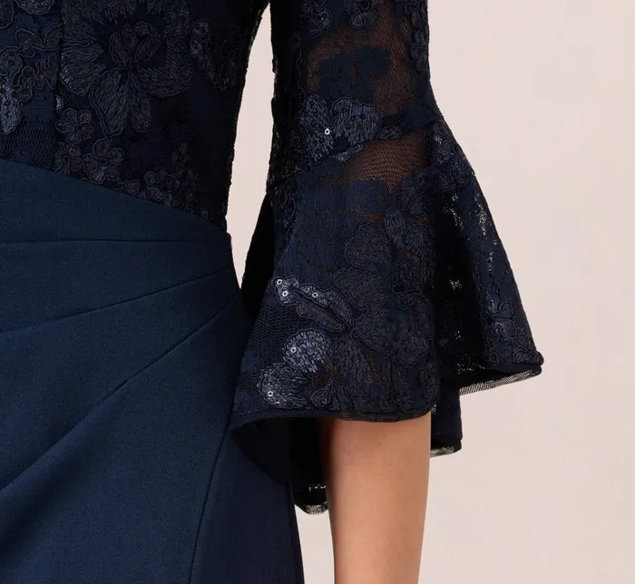 Adrianna Papell Day Dresses Sequin Floral Lace Dress With Sheer Bell Sleeves In Navy 8211 Women