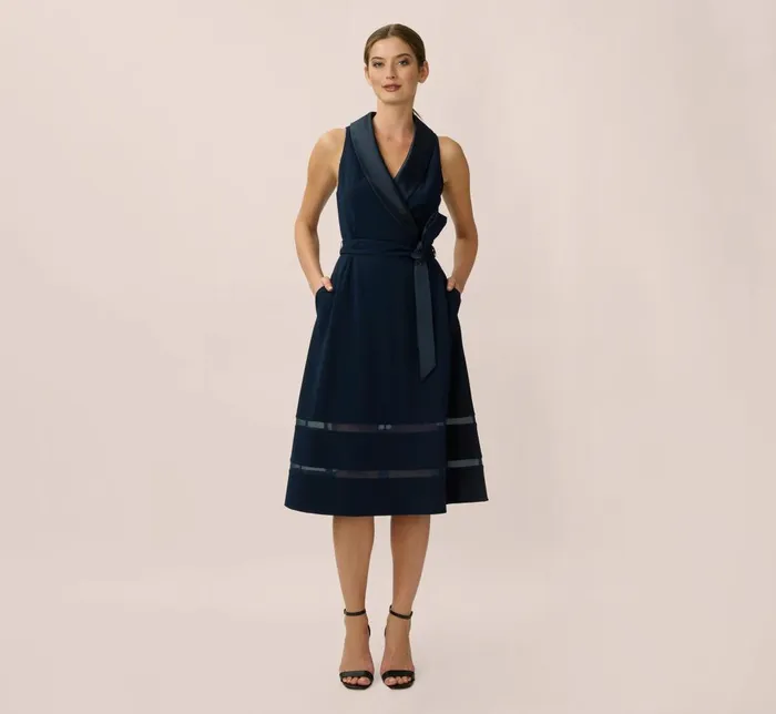 Adrianna Papell Day Dresses Stretch Knit Crepe MidiLength FitAndFlare Tuxedo Dress With Organza Inserts In Midnight 8211 Women Adrianna Papell Day Dresses Stretch Knit Crepe MidiLength FitAndFlare Tuxedo Dress With Organza Inserts In Midnight 8211 Women