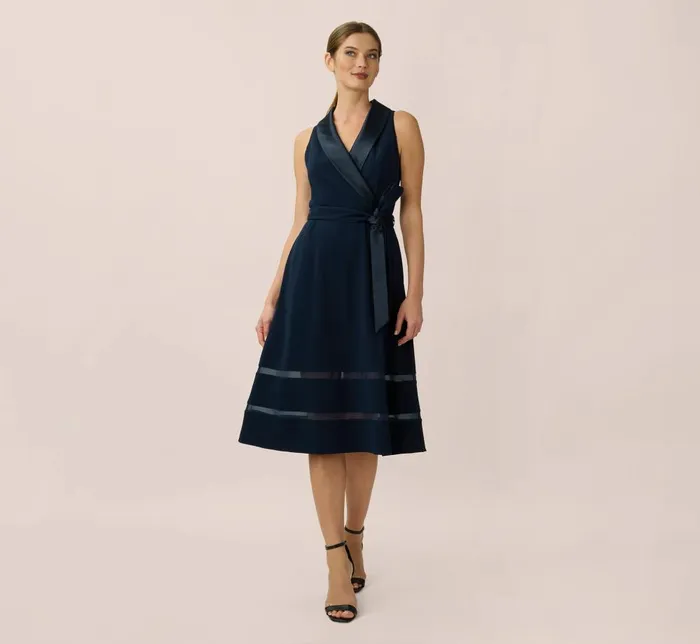 Adrianna Papell Day Dresses Stretch Knit Crepe MidiLength FitAndFlare Tuxedo Dress With Organza Inserts In Midnight 8211 Women