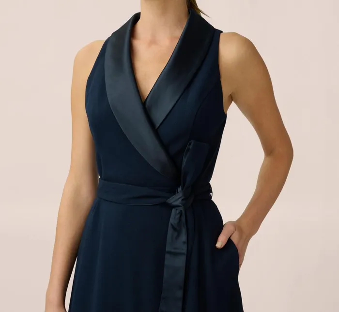 Adrianna Papell Day Dresses Stretch Knit Crepe MidiLength FitAndFlare Tuxedo Dress With Organza Inserts In Midnight 8211 Women