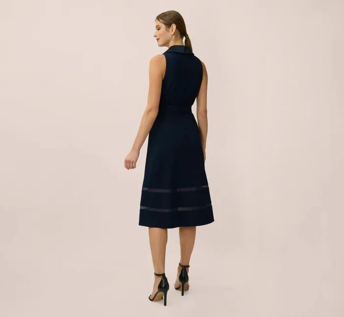 Adrianna Papell Day Dresses Stretch Knit Crepe MidiLength FitAndFlare Tuxedo Dress With Organza Inserts In Midnight 8211 Women