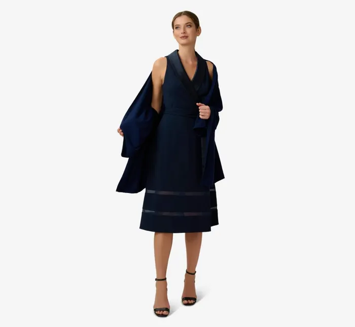 Adrianna Papell Day Dresses Stretch Knit Crepe MidiLength FitAndFlare Tuxedo Dress With Organza Inserts In Midnight 8211 Women