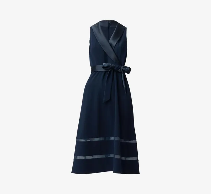 Adrianna Papell Day Dresses Stretch Knit Crepe MidiLength FitAndFlare Tuxedo Dress With Organza Inserts In Midnight 8211 Women