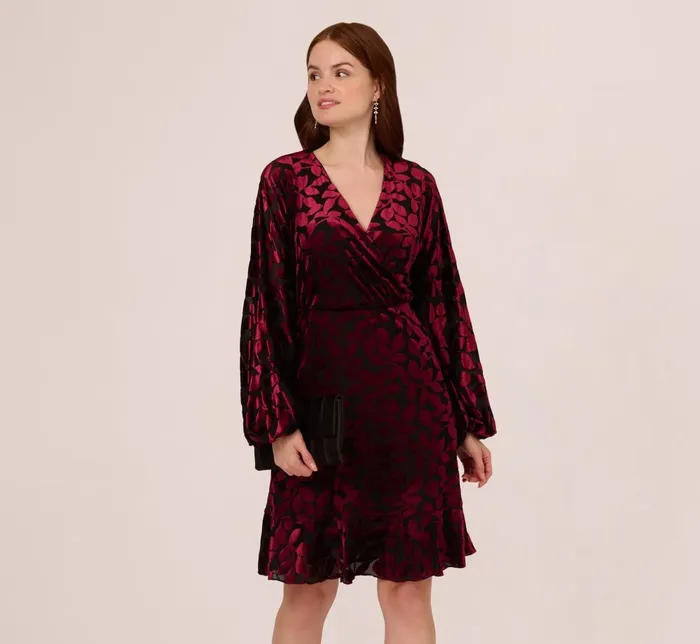 Adrianna Papell Day Dresses Velvet Burnout Faux Wrap Dress With Long Bishop Sleeves In Burgundy Black 8211 Women