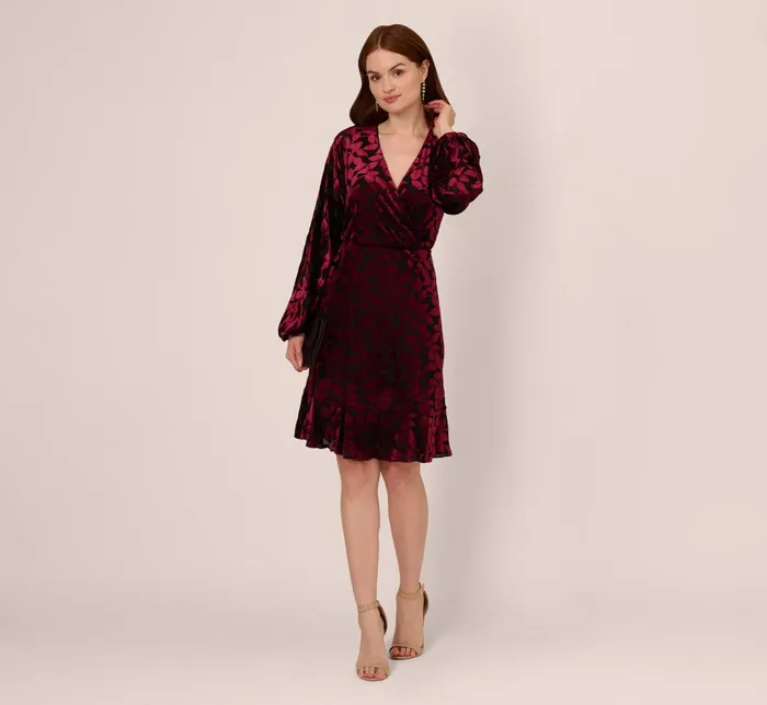 Adrianna Papell Day Dresses Velvet Burnout Faux Wrap Dress With Long Bishop Sleeves In Burgundy Black 8211 Women