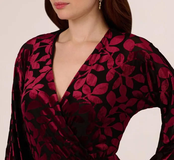 Adrianna Papell Day Dresses Velvet Burnout Faux Wrap Dress With Long Bishop Sleeves In Burgundy Black 8211 Women