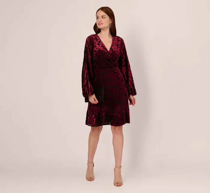 Adrianna Papell Day Dresses Velvet Burnout Faux Wrap Dress With Long Bishop Sleeves In Burgundy Black 8211 Women