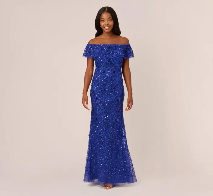 Adrianna Papell Formal Dresses Beaded Off The Shoulder Mermaid Gown With Flutter Neck In Ultra Blue 8211 Women
