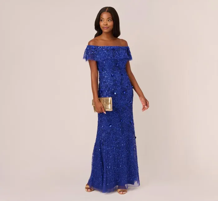 Adrianna Papell Formal Dresses Beaded Off The Shoulder Mermaid Gown With Flutter Neck In Ultra Blue 8211 Women