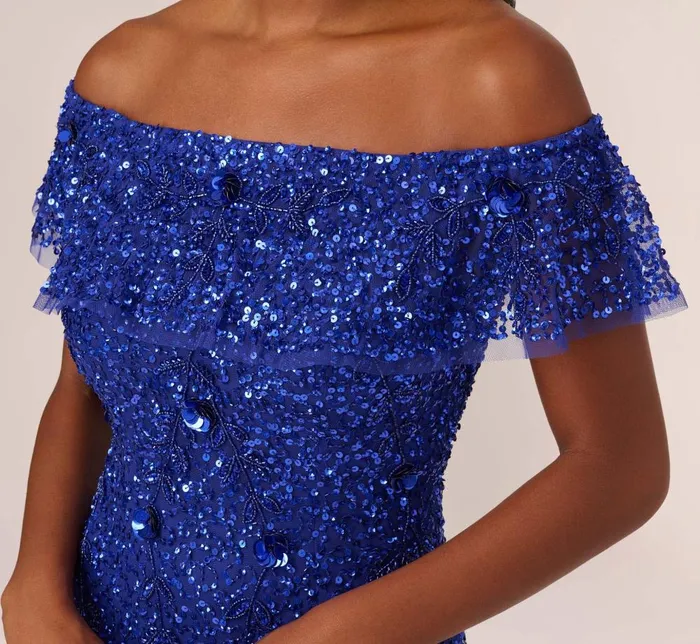 Adrianna Papell Formal Dresses Beaded Off The Shoulder Mermaid Gown With Flutter Neck In Ultra Blue 8211 Women