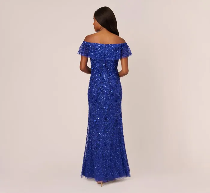 Adrianna Papell Formal Dresses Beaded Off The Shoulder Mermaid Gown With Flutter Neck In Ultra Blue 8211 Women