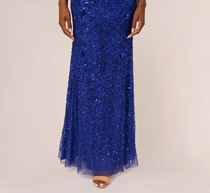 Adrianna Papell Formal Dresses Beaded Off The Shoulder Mermaid Gown With Flutter Neck In Ultra Blue 8211 Women