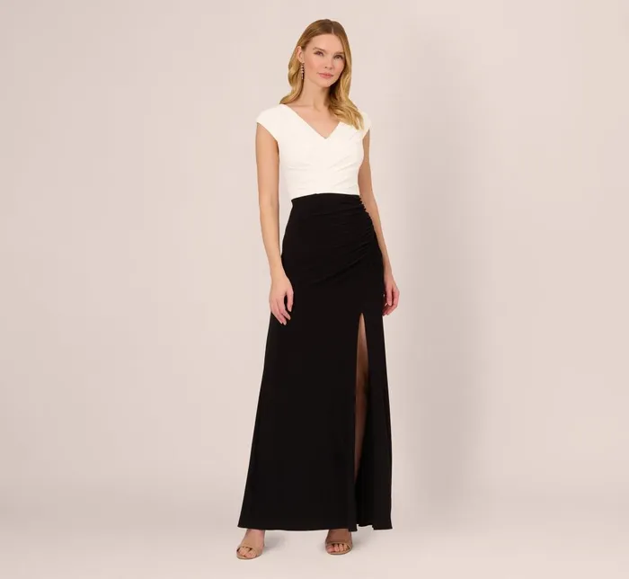 Adrianna Papell Formal Dresses Colorblock Mermaid Gown With Pleated Details In Black Ivory 8211 Women