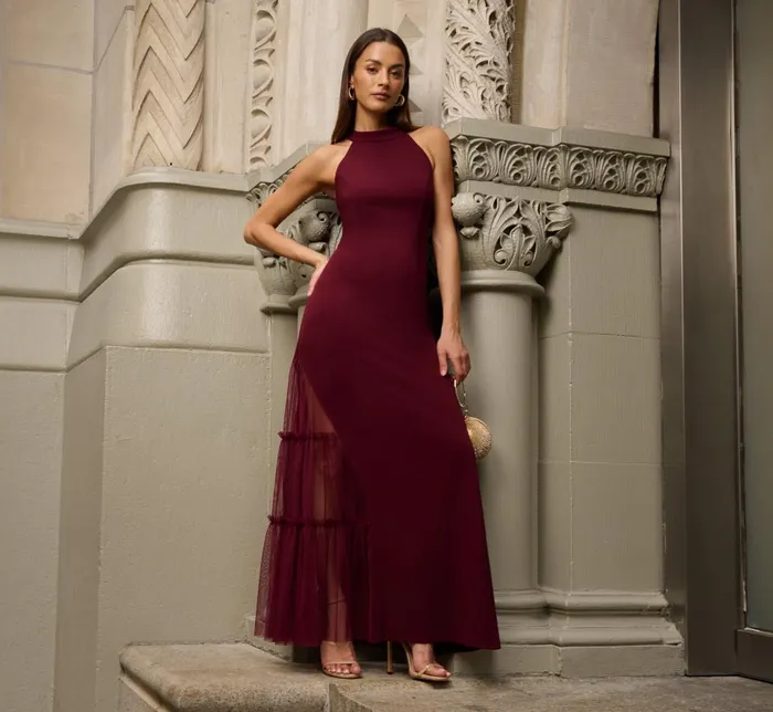 Adrianna Papell Formal Dresses Crepe Halter Gown With Sheer Ruffled Mesh Skirt In Blackened Red 8211 Women