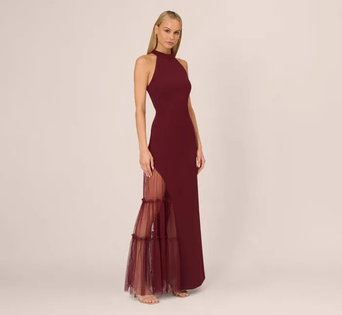 Adrianna Papell Formal Dresses Crepe Halter Gown With Sheer Ruffled Mesh Skirt In Blackened Red 8211 Women
