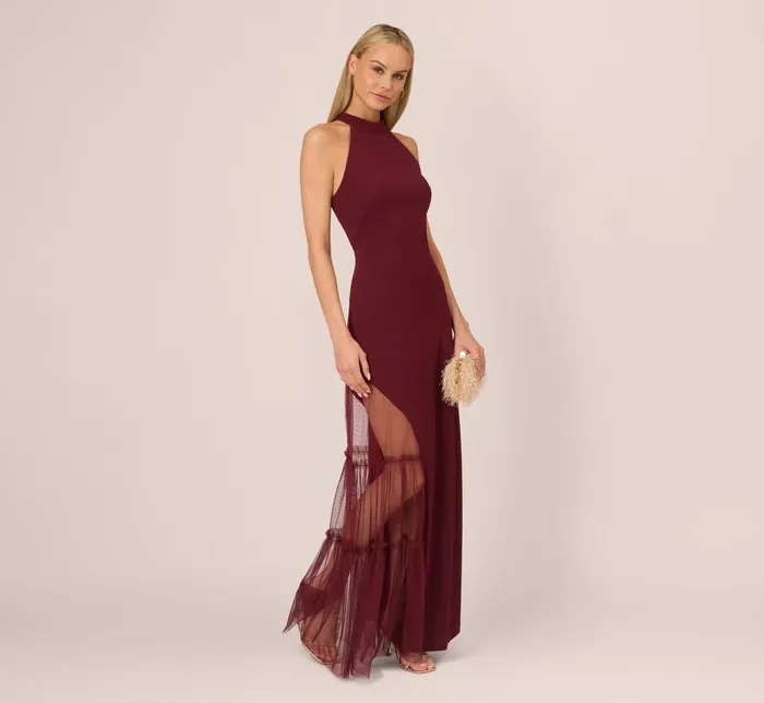 Adrianna Papell Formal Dresses Crepe Halter Gown With Sheer Ruffled Mesh Skirt In Blackened Red 8211 Women