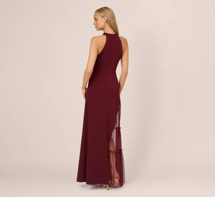 Adrianna Papell Formal Dresses Crepe Halter Gown With Sheer Ruffled Mesh Skirt In Blackened Red 8211 Women