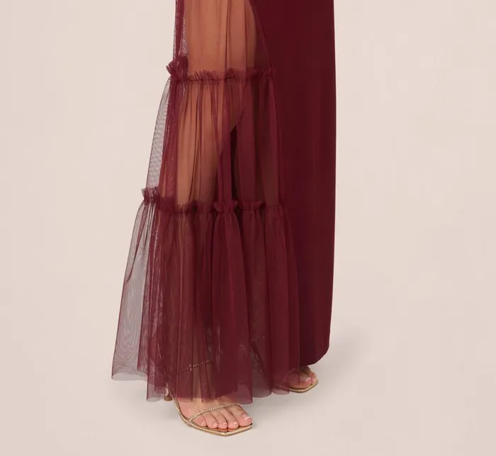 Adrianna Papell Formal Dresses Crepe Halter Gown With Sheer Ruffled Mesh Skirt In Blackened Red 8211 Women
