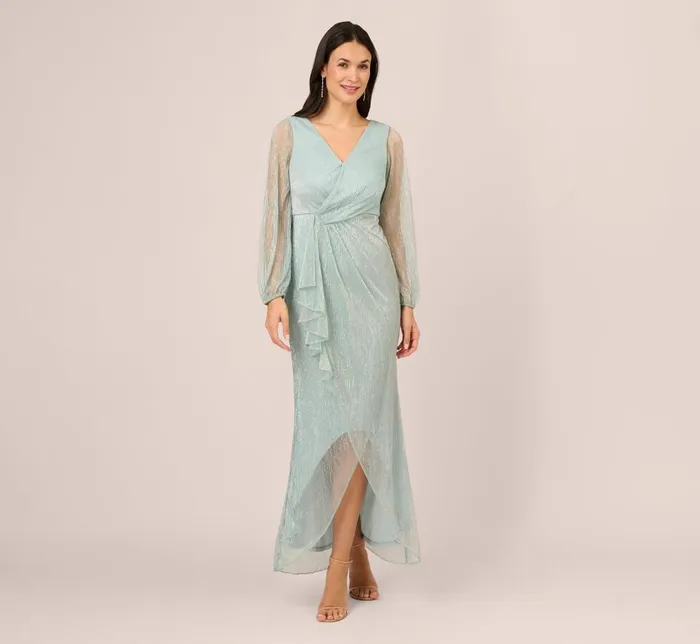 Adrianna Papell Formal Dresses Crinkle Metallic Gown With Sheer Bishop Sleeves And Draped Details In Mint Smoke 8211 Women Adrianna Papell Formal Dresses Crinkle Metallic Gown With Sheer Bishop Sleeves And Draped Details In Mint Smoke 8211 Women