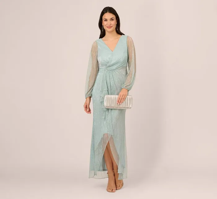 Adrianna Papell Formal Dresses Crinkle Metallic Gown With Sheer Bishop Sleeves And Draped Details In Mint Smoke 8211 Women