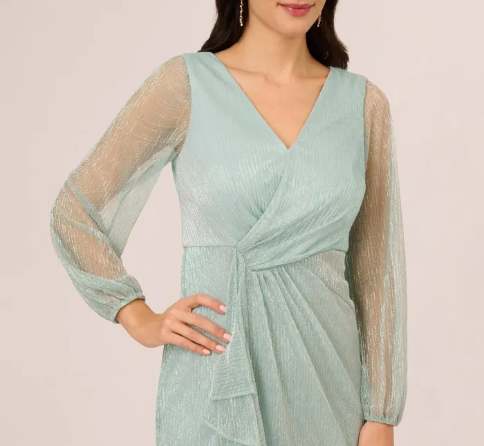 Adrianna Papell Formal Dresses Crinkle Metallic Gown With Sheer Bishop Sleeves And Draped Details In Mint Smoke 8211 Women