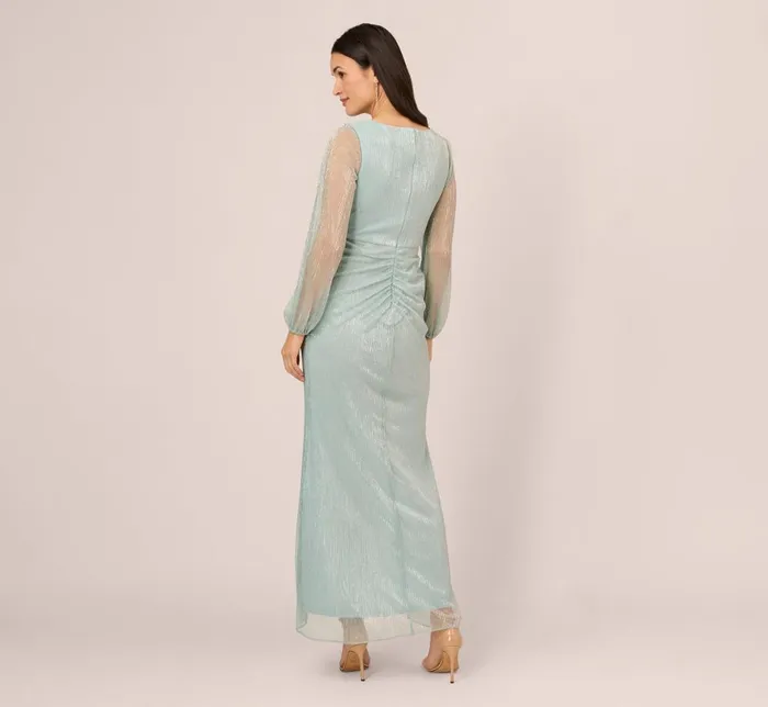Adrianna Papell Formal Dresses Crinkle Metallic Gown With Sheer Bishop Sleeves And Draped Details In Mint Smoke 8211 Women