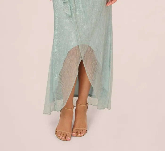Adrianna Papell Formal Dresses Crinkle Metallic Gown With Sheer Bishop Sleeves And Draped Details In Mint Smoke 8211 Women
