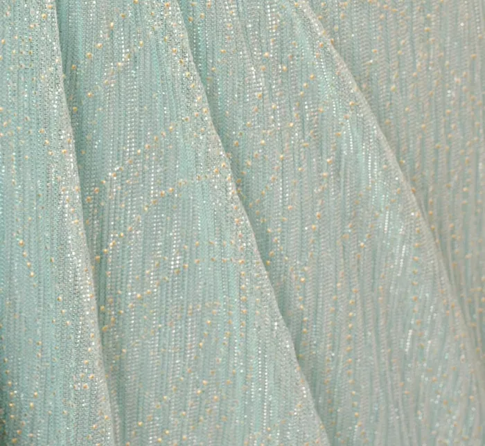 Adrianna Papell Formal Dresses Crinkle Metallic Gown With Sheer Bishop Sleeves And Draped Details In Mint Smoke 8211 Women