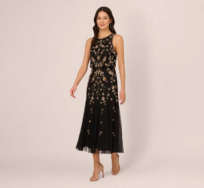 Adrianna Papell Formal Dresses Floral Beaded Blouson Tea Length Dress In Black Gold 8211 Women Adrianna Papell Formal Dresses Floral Beaded Blouson Tea Length Dress In Black Gold 8211 Women
