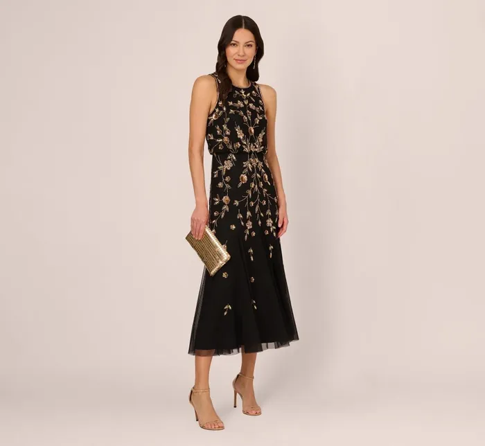 Adrianna Papell Formal Dresses Floral Beaded Blouson Tea Length Dress In Black Gold 8211 Women