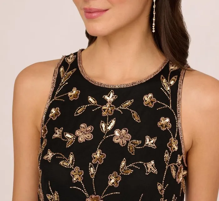 Adrianna Papell Formal Dresses Floral Beaded Blouson Tea Length Dress In Black Gold 8211 Women