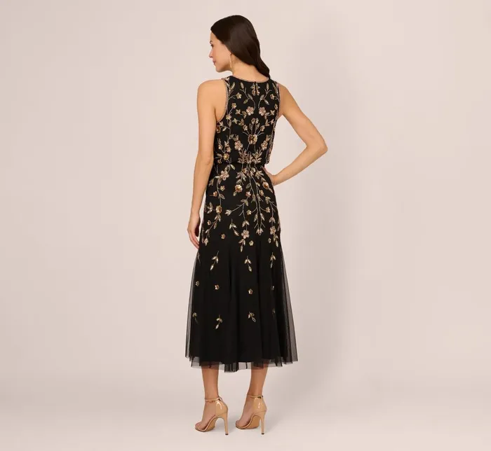 Adrianna Papell Formal Dresses Floral Beaded Blouson Tea Length Dress In Black Gold 8211 Women