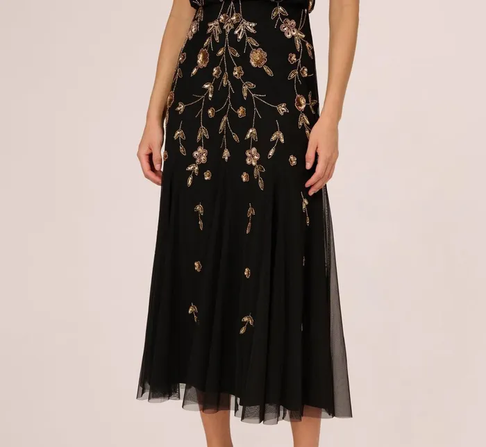 Adrianna Papell Formal Dresses Floral Beaded Blouson Tea Length Dress In Black Gold 8211 Women