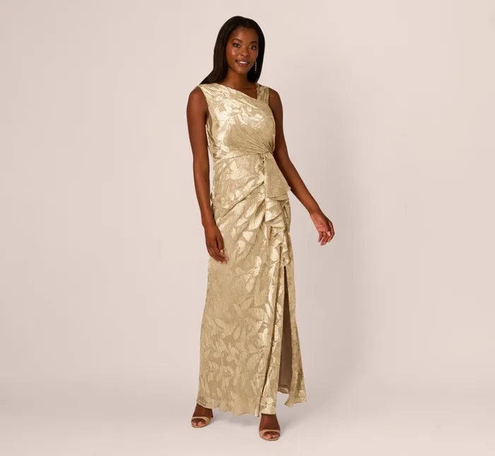 Adrianna Papell Formal Dresses Foil Printed Asymmetric Gown With Ruffled Detail In Champagne Gold 8211 Women Adrianna Papell Formal Dresses Foil Printed Asymmetric Gown With Ruffled Detail In Champagne Gold 8211 Women