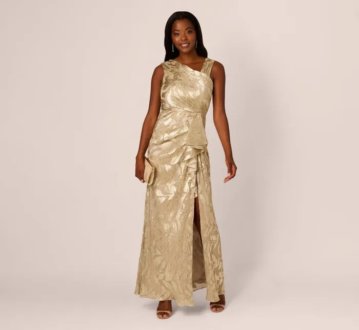 Adrianna Papell Formal Dresses Foil Printed Asymmetric Gown With Ruffled Detail In Champagne Gold 8211 Women