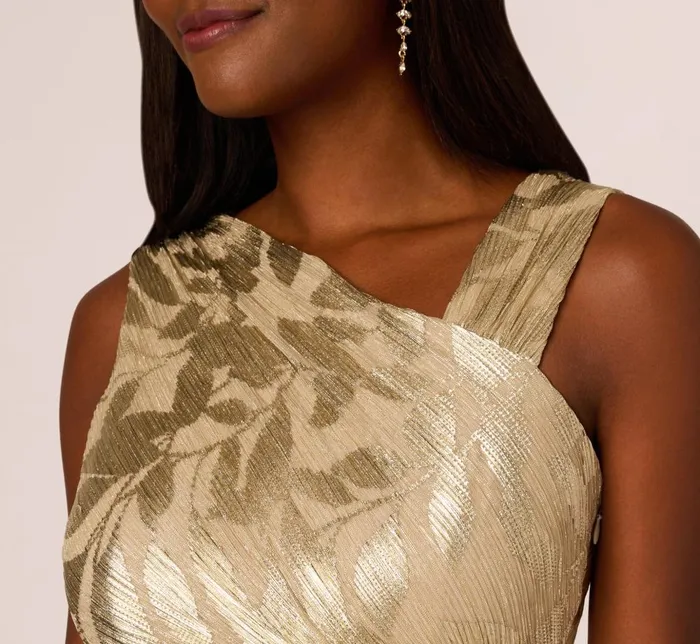 Adrianna Papell Formal Dresses Foil Printed Asymmetric Gown With Ruffled Detail In Champagne Gold 8211 Women