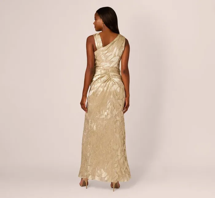 Adrianna Papell Formal Dresses Foil Printed Asymmetric Gown With Ruffled Detail In Champagne Gold 8211 Women