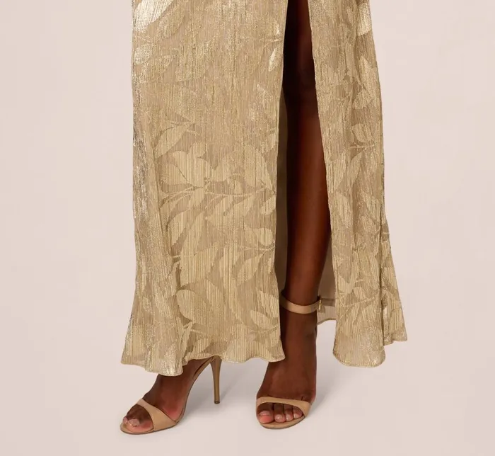 Adrianna Papell Formal Dresses Foil Printed Asymmetric Gown With Ruffled Detail In Champagne Gold 8211 Women