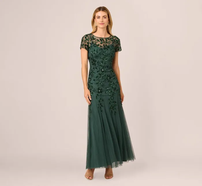 Adrianna Papell Formal Dresses Hand Beaded Short Sleeve Floral Godet Gown In Dusty Emerald 8211 Women