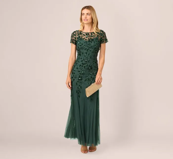 Adrianna Papell Formal Dresses Hand Beaded Short Sleeve Floral Godet Gown In Dusty Emerald 8211 Women
