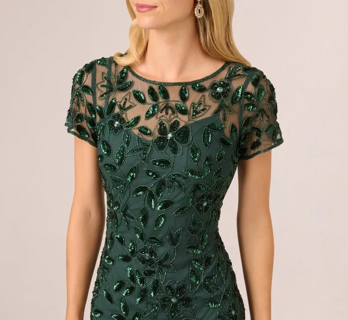 Adrianna Papell Formal Dresses Hand Beaded Short Sleeve Floral Godet Gown In Dusty Emerald 8211 Women