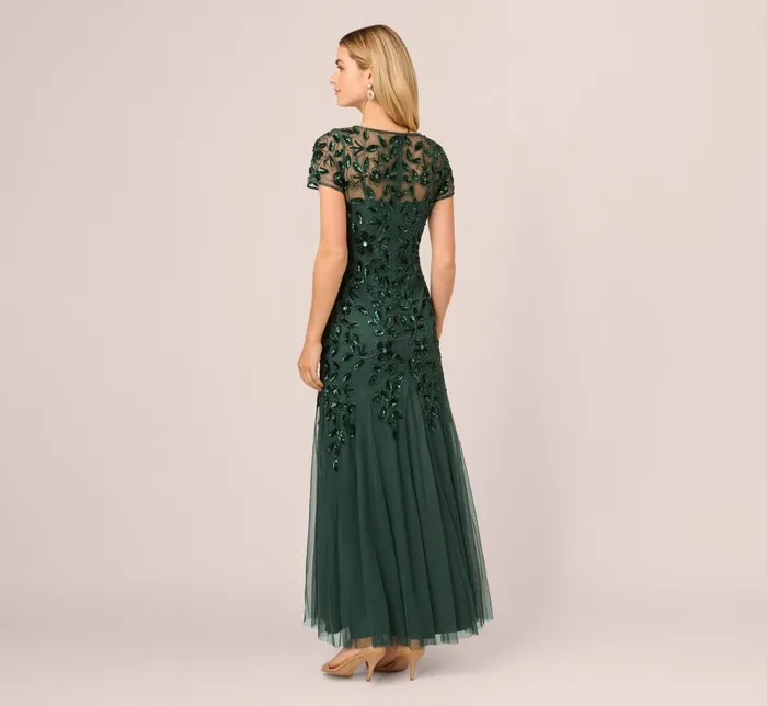 Adrianna Papell Formal Dresses Hand Beaded Short Sleeve Floral Godet Gown In Dusty Emerald 8211 Women