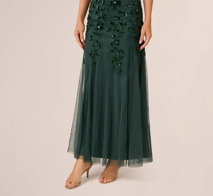 Adrianna Papell Formal Dresses Hand Beaded Short Sleeve Floral Godet Gown In Dusty Emerald 8211 Women