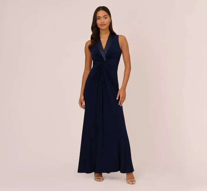 Adrianna Papell Formal Dresses Matte Jersey Twist Front Tuxedo Long Gown In Midnight 8211 Women Adrianna Papell Formal Dresses Matte Jersey Twist Front Tuxedo Long Gown In Midnight 8211 Women
