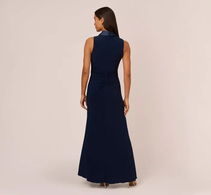 Adrianna Papell Formal Dresses Matte Jersey Twist Front Tuxedo Long Gown In Midnight 8211 Women