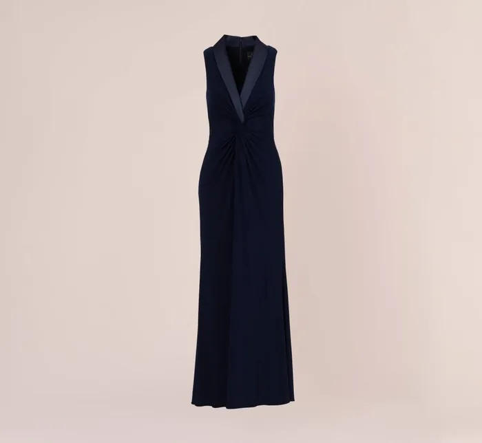 Adrianna Papell Formal Dresses Matte Jersey Twist Front Tuxedo Long Gown In Midnight 8211 Women