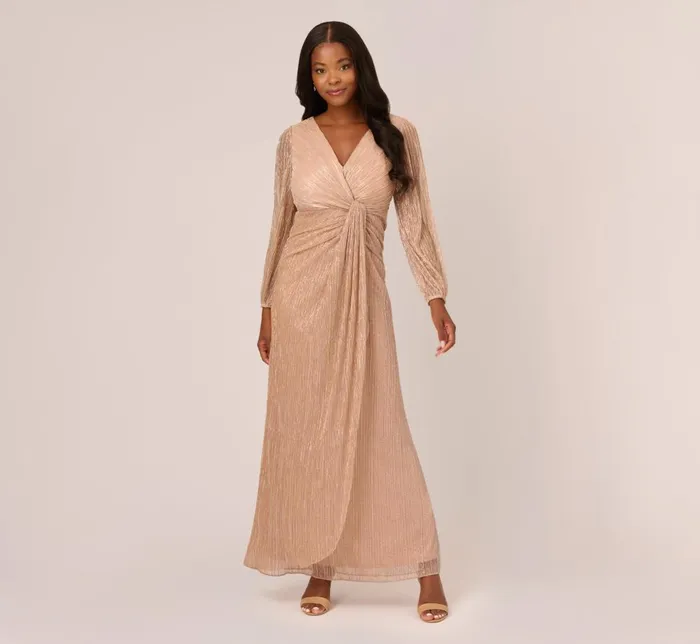 Adrianna Papell Formal Dresses Metallic Crinkled Mesh Draped Long Gown In Light Gold 8211 Women Adrianna Papell Formal Dresses Metallic Crinkled Mesh Draped Long Gown In Light Gold 8211 Women